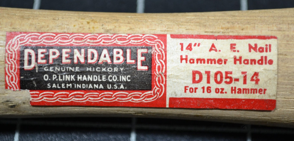 DEPENDABLE - O. P. LINK HANDLE CO - 14" A. E. NAIL HAMMER HANDLE - HICKORY - NOS