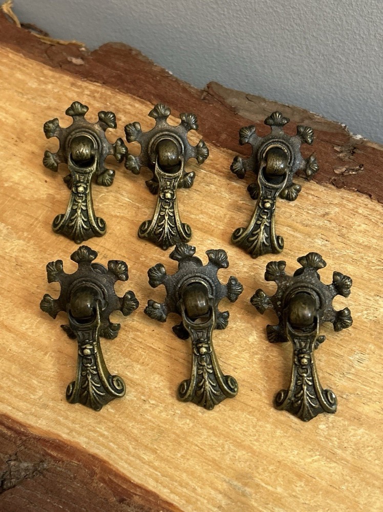 Antique Brass, Hanging Drop Drawer Pulls. Set of 6