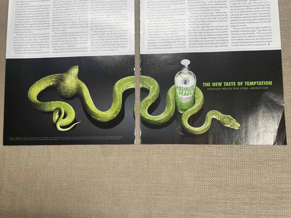 ABSOLUT PEARS VODKA ADVERTISEMENT GREEN SNAKE Magazine AD 2 half page