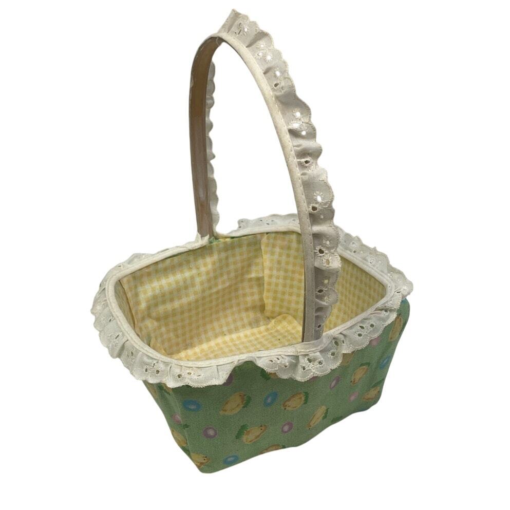 Handmade Fabric Covered Easter Chick Bird Yellow Gingham Cottage Core Basket