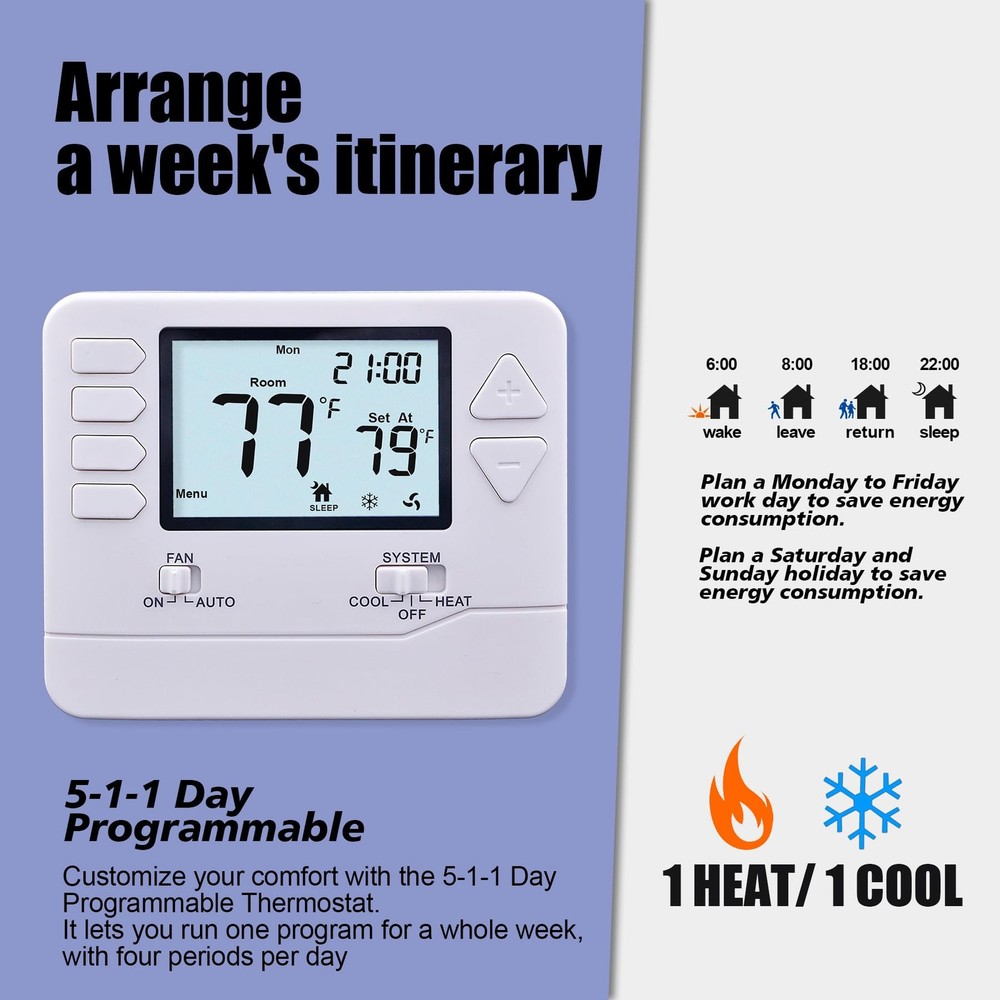 5-1-1 Day Programmable Thermostat for Home Conventional Single-Stage Systems,