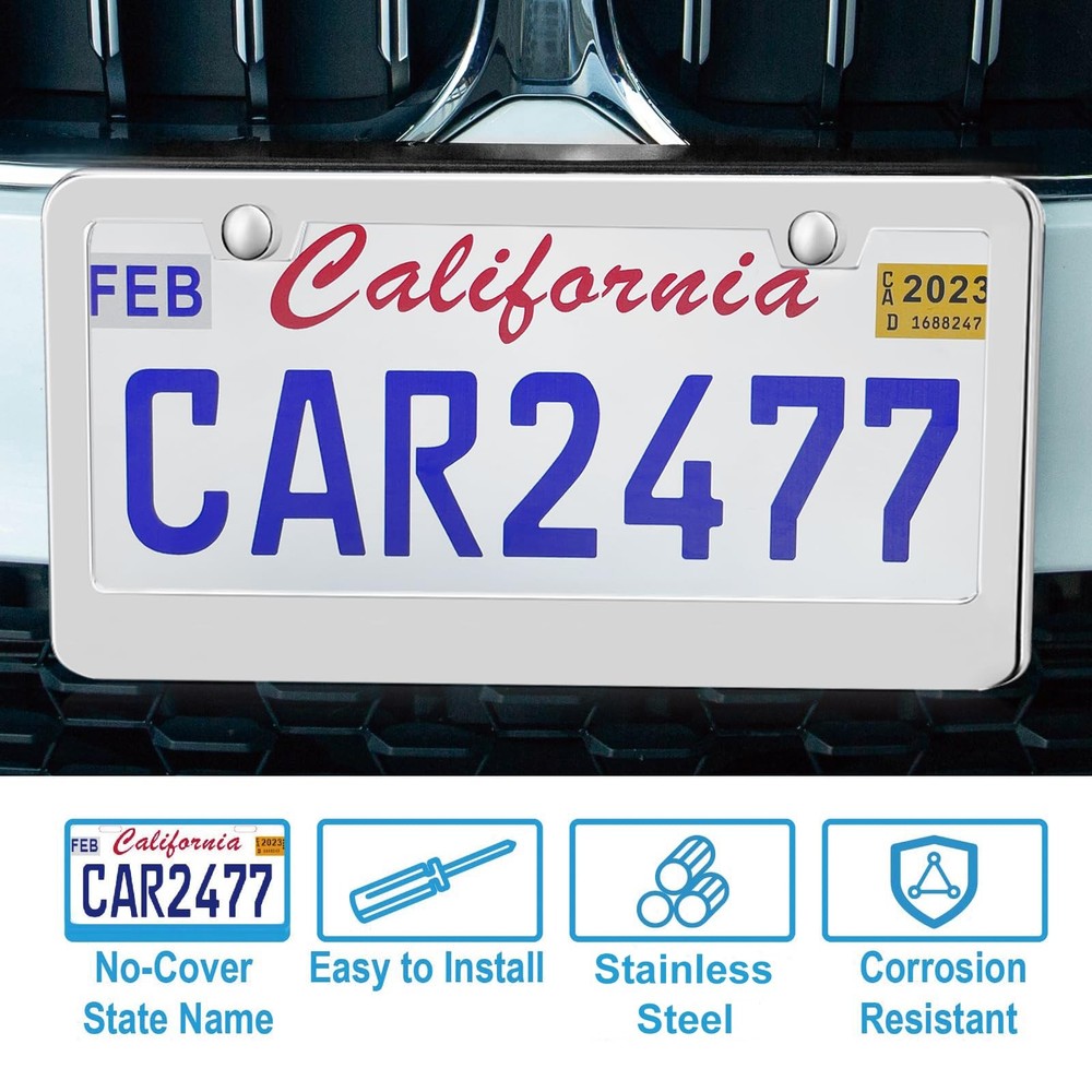 2 Pack Silver License Plate Frames, 2 Holes Rust-Proof universal,