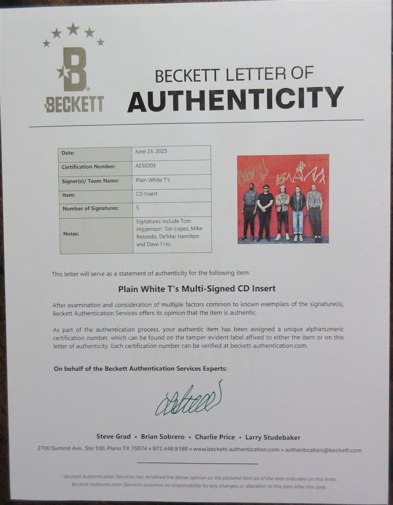Plain White T's Signed by 5 CD Promo Card - Beckett BAS