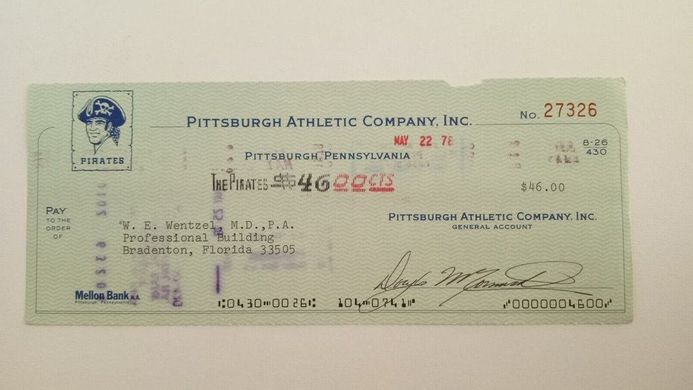 W.E. Wentzel, M.D., P.A.: 1978 Pittsburgh Pirates Expense Check