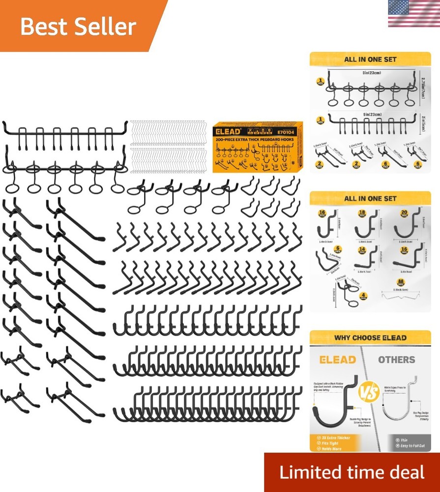 200-Piece Extra Thick Pegboard Hooks Set, 1/4" Heavy Duty Black Peg Board Org...