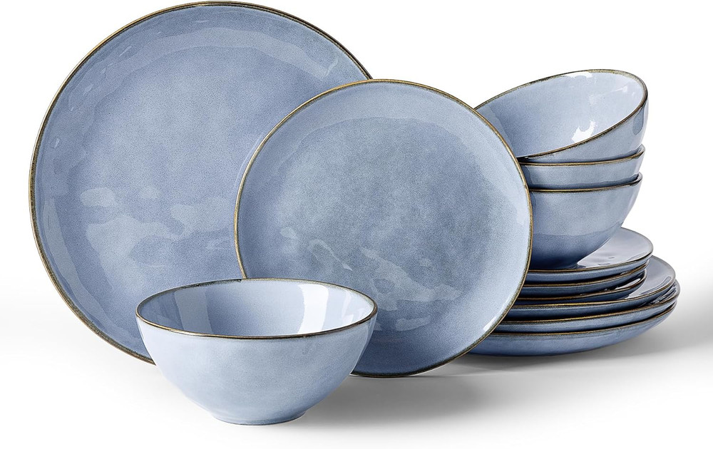 Dinnerware Sets for 4, Ocean round 12-Piece Kitchen Plates and Bowls Sets, React