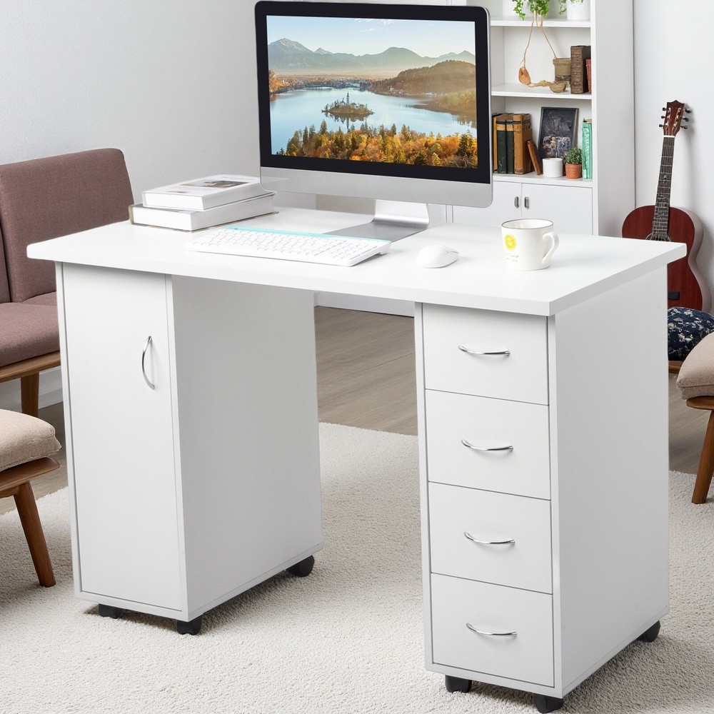 Rolling Computer Desk - White, 4-Drawer, 2 Shelves Storage & MDF ​Nail Table​