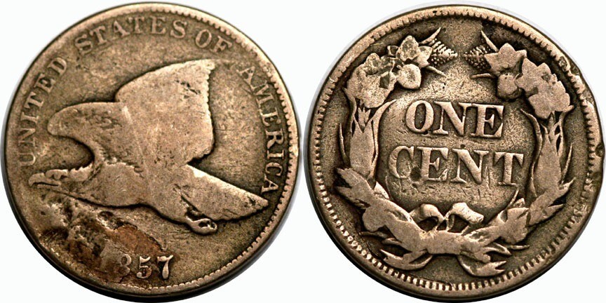 1857  Flying Eagle Cent - Struck Through and Retained Metal