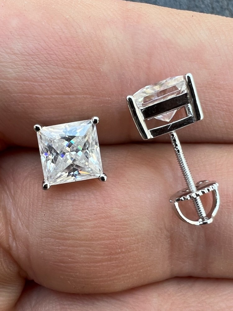 Real Square Princess Stud Earrings Unisex Silver Passes Tester