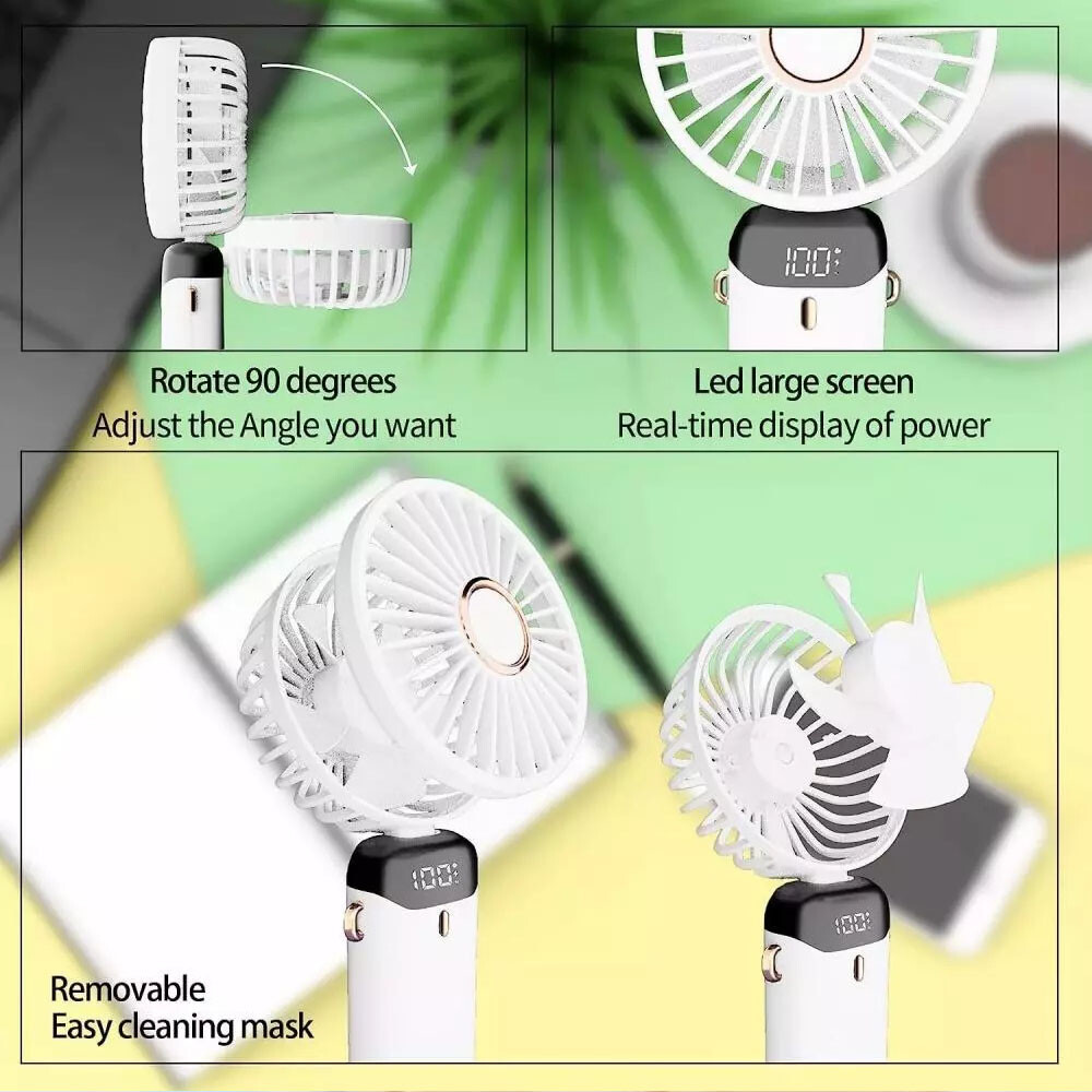 White Mini Handheld Fan USB Rechargeable Digital Display,5 Wind Modes,Foldable