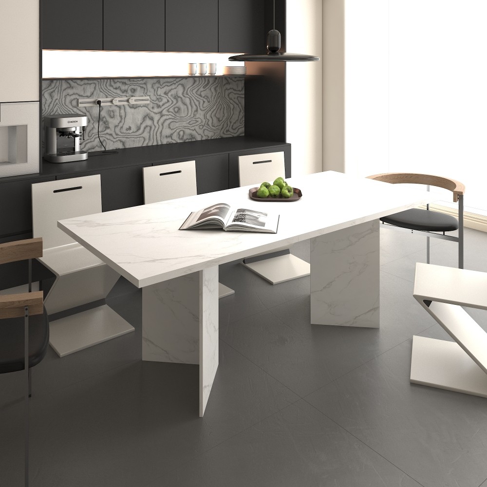 Extendable White Dining Table for 10 People Modern Faux Marble Rectangular Table