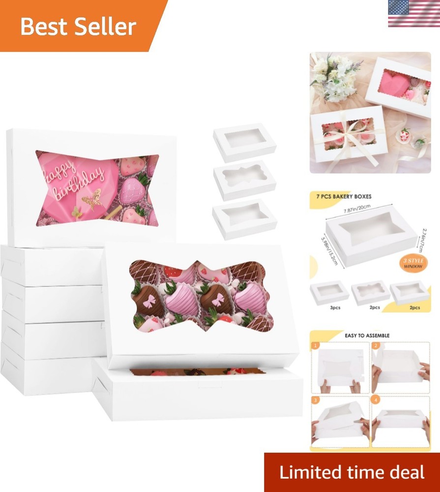 7pcs Cookie Boxes, 12x8x2.5 Inches White Bakery Boxes with 3 Style Window for...