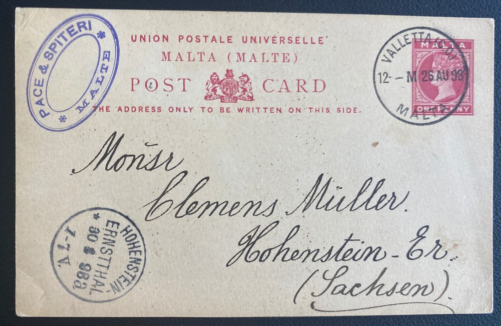 1898 Valletta Malta Postal Stationery Postcard Cover To Hohenstein Germany