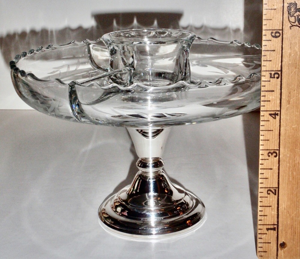 Frank M. Whiting Vintage Sterling Silver Etched Glass 4 Compartment Dip Server