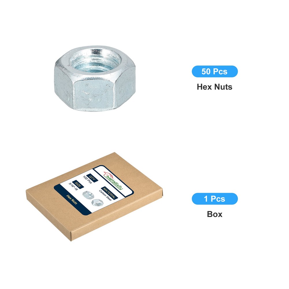 Hex Nuts (5/16"-18) 100Pcs Carbon Steel Coarse Thread Silver