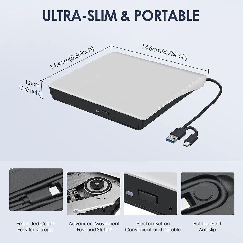 Slim External CD DVD Drive USB 3.0 Disc Player Burner Writer For Laptop PC Mac