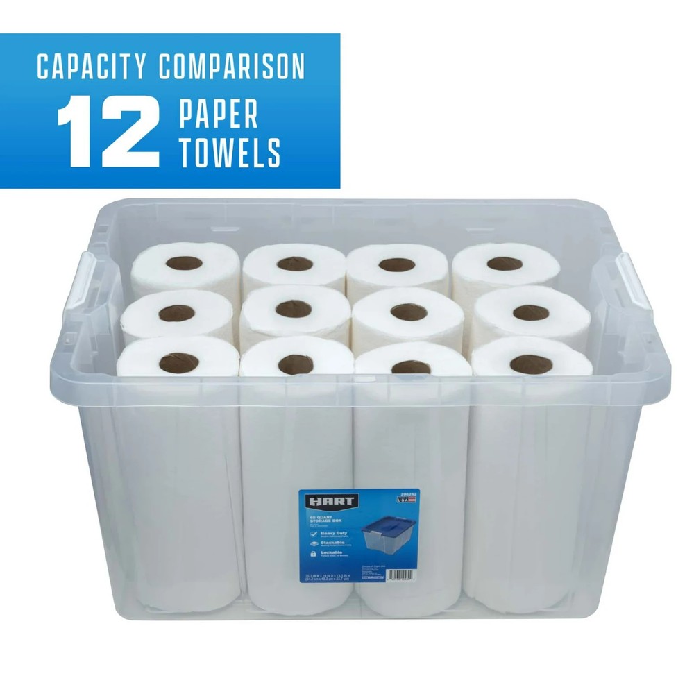 HART 68 Quart Clear Latching Plastic Storage Bin Container, Clear with Blue Lid,