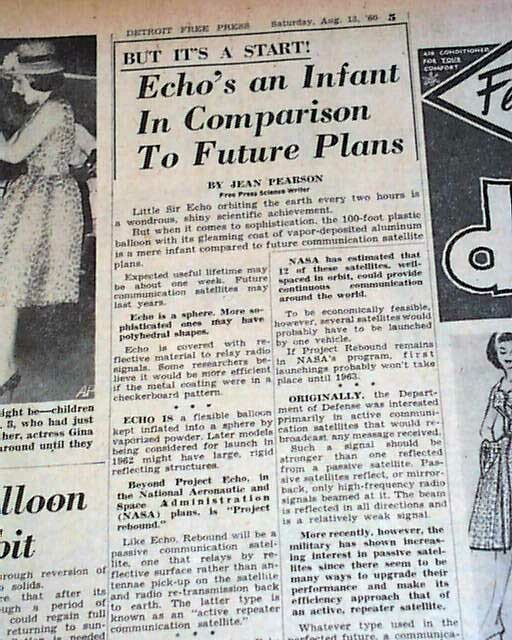 PROJECT ECHO 1st Communications Satellite Launch & Orbit Success 1960 Newspaper