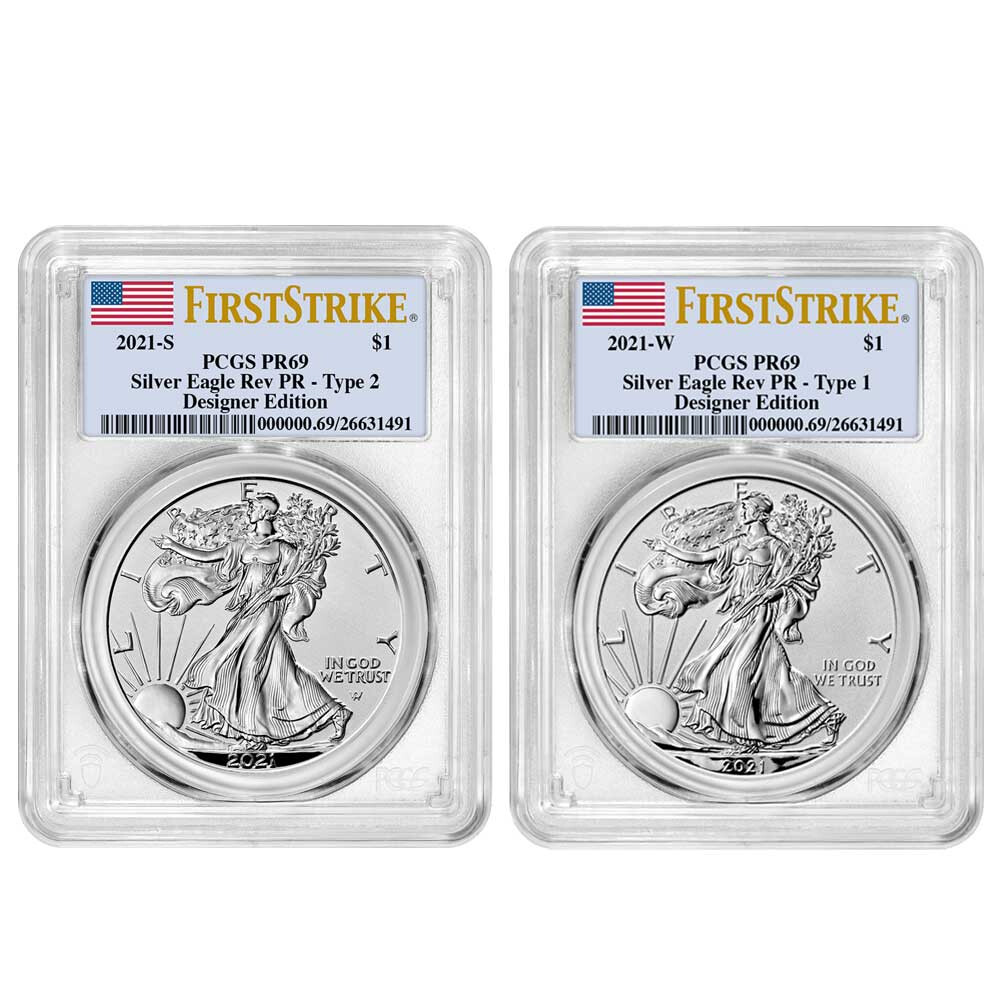 2021 Reverse Proof American Silver Eagle Designer 2pc Set PCGS PR69 FS Flag L...