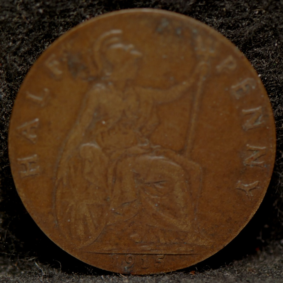 Great Britain 1915 1/2 Penny, KM809, About/EF, NR, 4-20