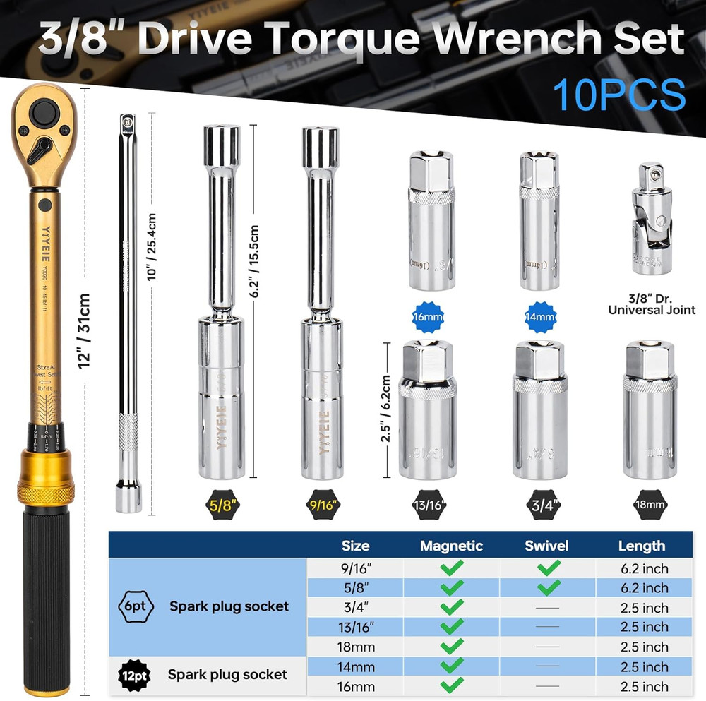 10PCS Magnetic Spark Plug Socket Set with Torque Wrench 3/8 Drive, 10-45 FT.LB (