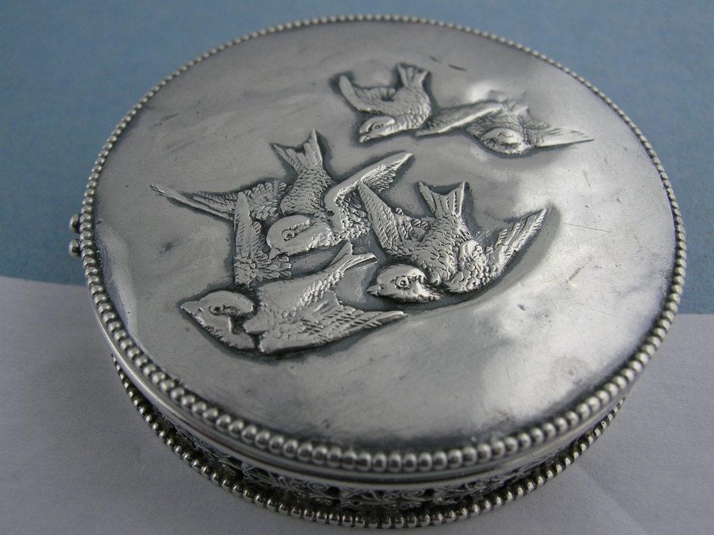 Antique Sterling Silver Box w/ Birds flying in clouds sky pierced openwork sides