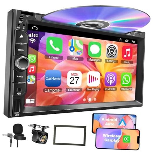 Double Din Car Stereo with CD/DVD Player, 7-Inch Touch Screen, Bluetooth 5.2,