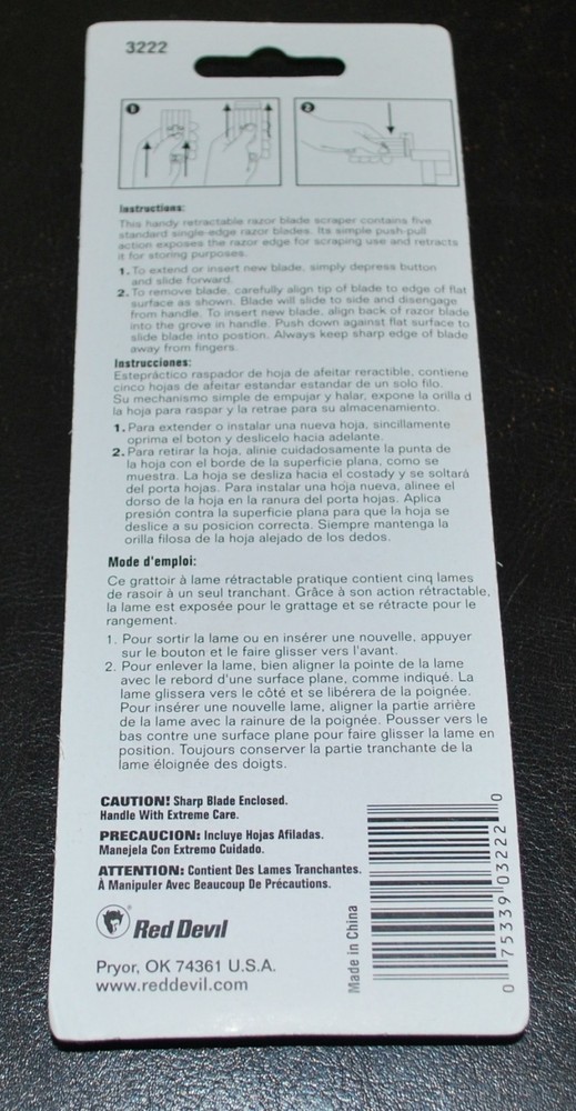 RED DEVIL #3222 RAZOR BLADE SCRAPER WITH RETRACTABLE BLADE & 5 EXTRA BLADES