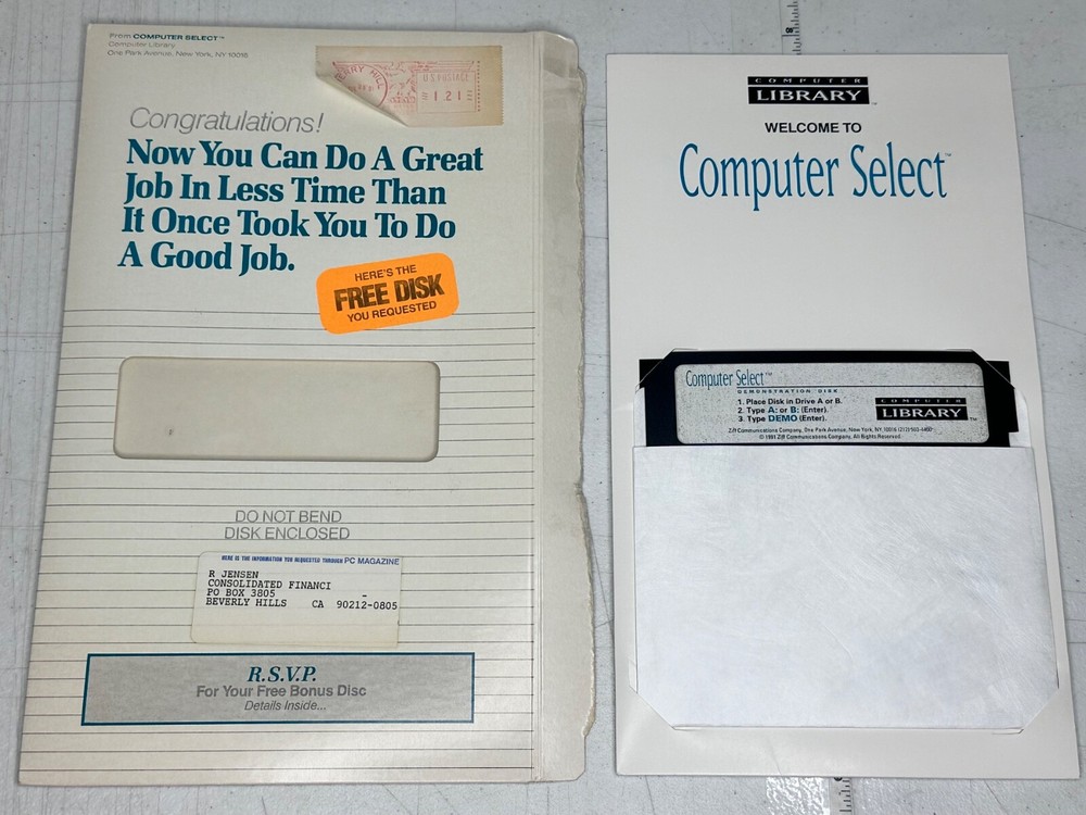 1991 Computer Select Demo Kit Mailer 5.25 Floppy Ziff Davis Tech Library Promo
