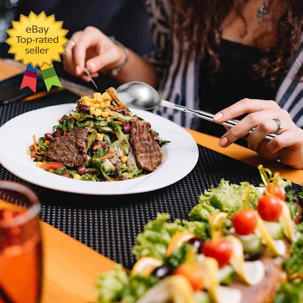 2 Pcs Extendable Fork and Spoon Set Adjustable Telescopic StainlessSteel BBQTool