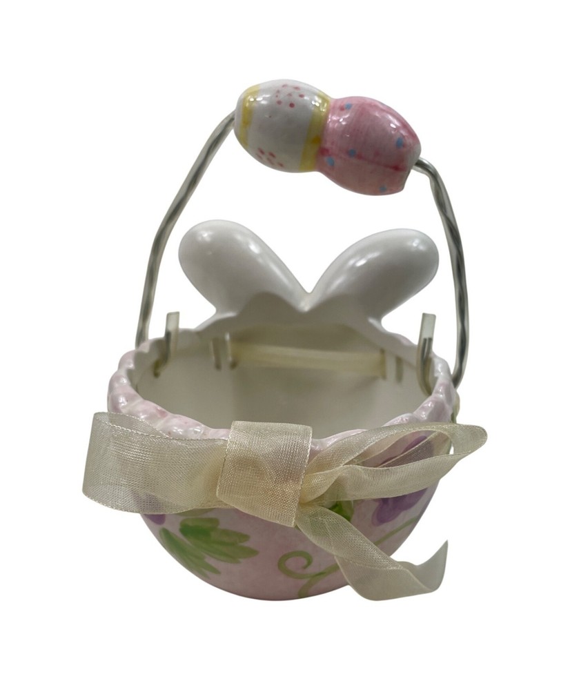 Ceramic Bunny Easter Basket With Painted Floral Design & Beaded Metal Handle