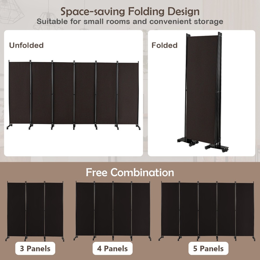 6-Panel Folding Room Divider 6FT Rolling Privacy Screen w/ Lockable Wheels Brown