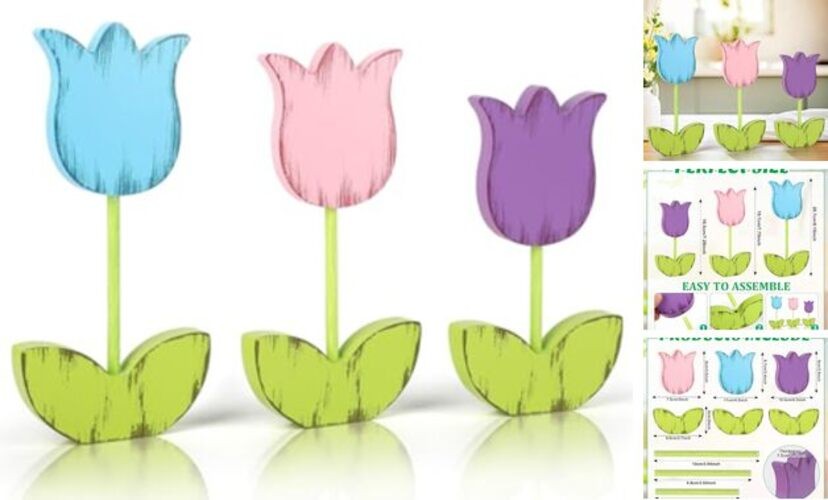 3 Pcs Spring Table Decorations Wooden Set Tabletop Farmhouse Spring Tulip