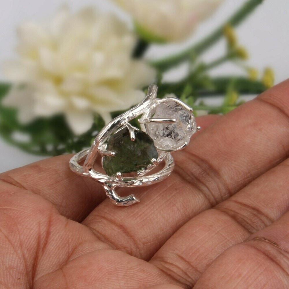Raw Authentic Czech MOLDAVITE Ring 925 Sterling Silver Handmade Branch Ring