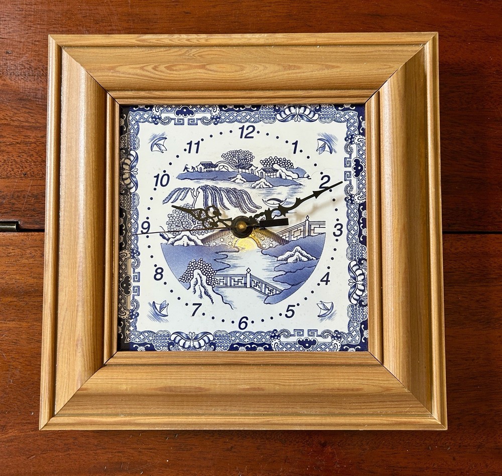 Vintage Blue & White Willow Pattern Ceramic Tile Wall Clock, Wooden Frame