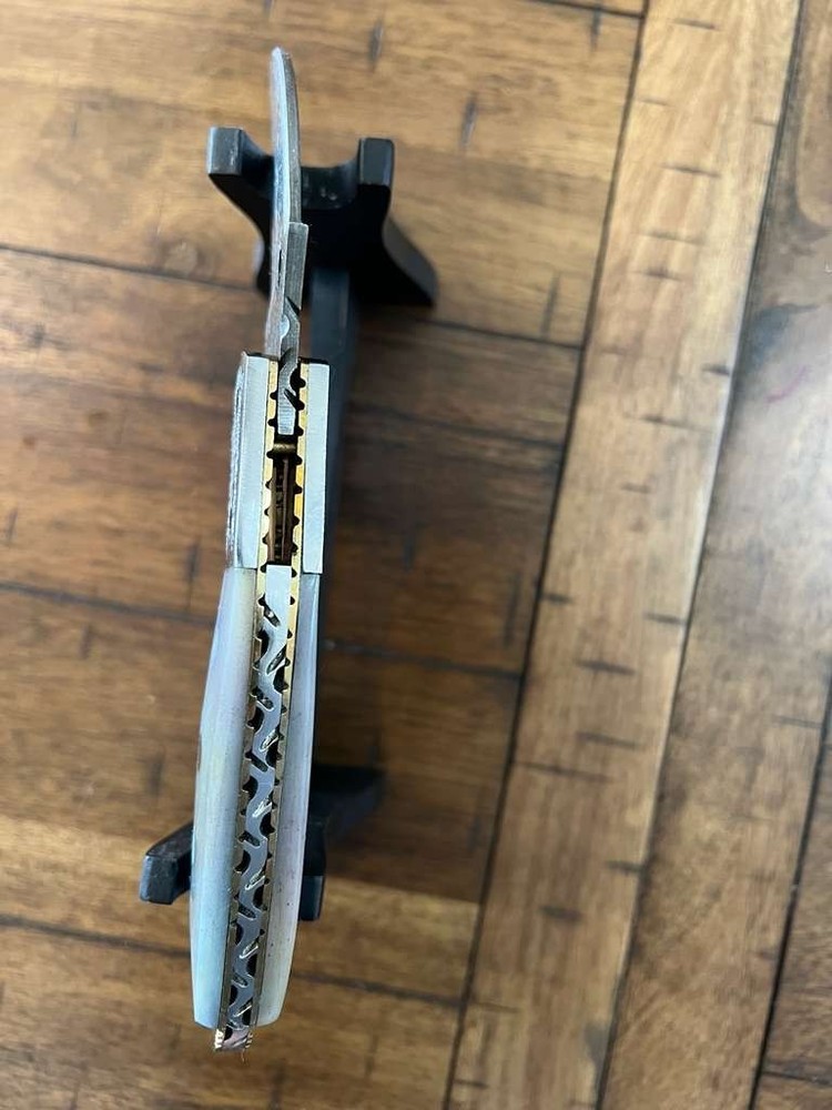 CUSTOM HANDMADE DAMASCUS COLORED BONE HANDLE KARAMBIT FOLDING KNIFE W/ SHEATH 29