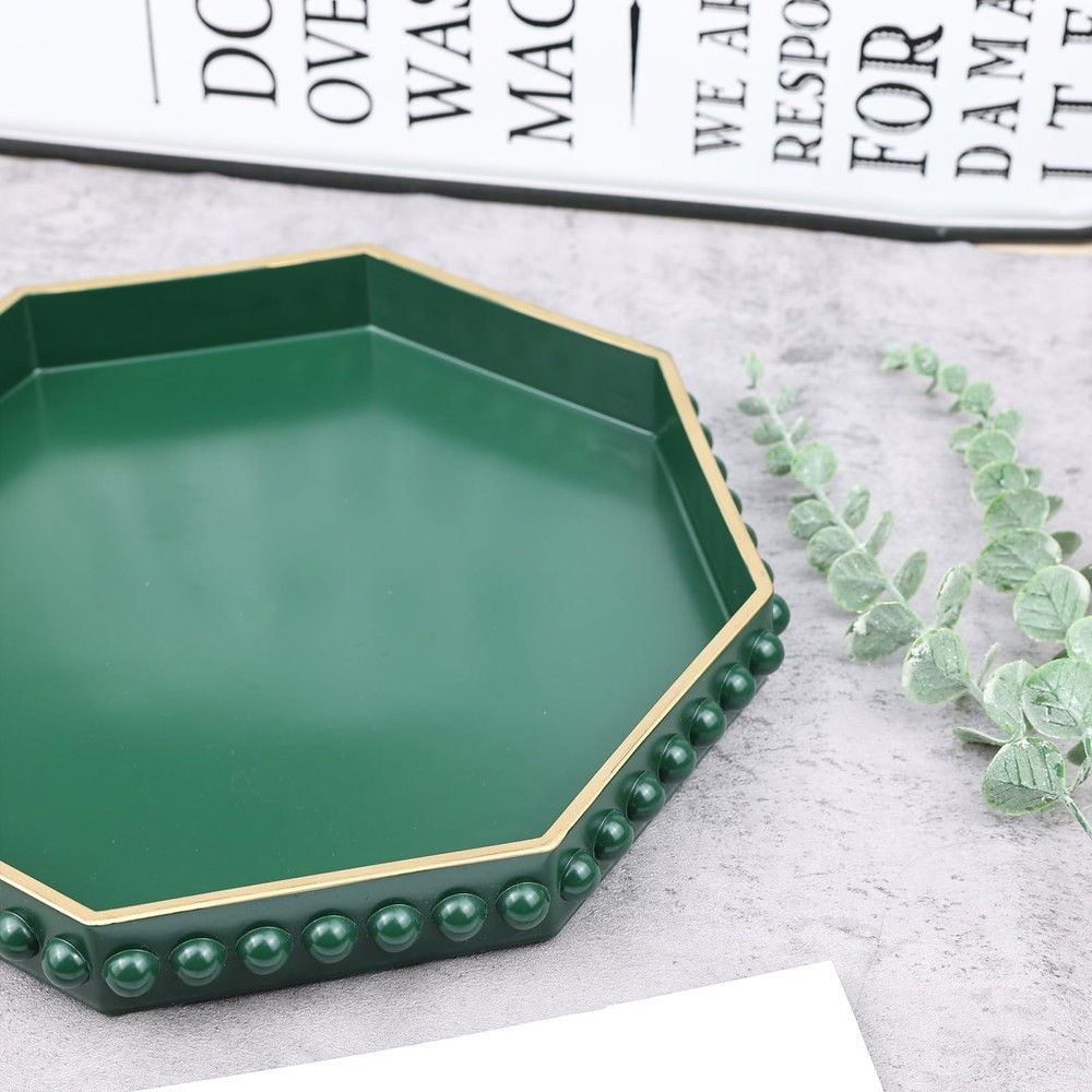 Green Serving Tray for Coffee Table, Octagonal Beaded Plastic Decorative Tray...