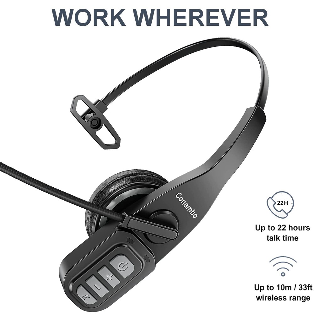 Conambo Trucker Bluetooth Headset 5.0 with Microphone Noise Cancelling Wireless