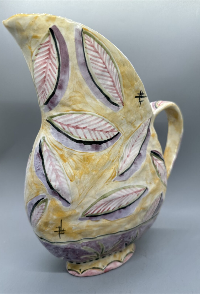 VINTAGE MCM SIGNED ITALIAN? HAND PAINTED POTTERY PITCHER LEAF PATTERN