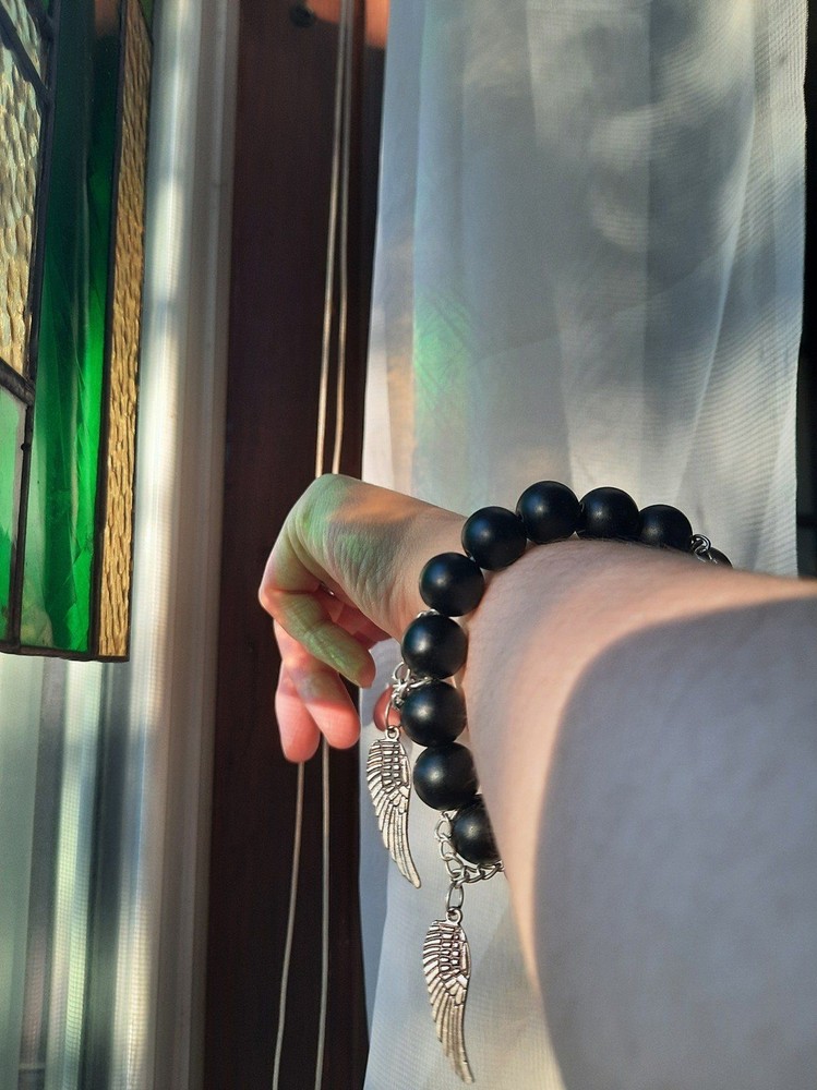 Obsidian Shadowhunter Bracelet with wing charms (handmade)