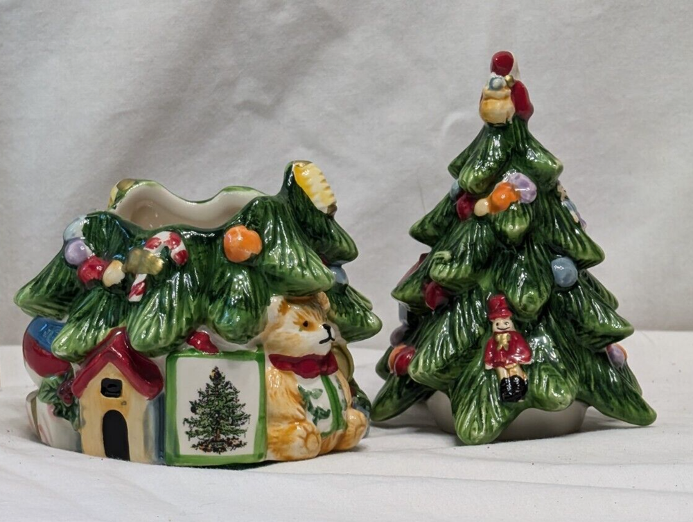 2 pc. 7" Spode Ceramic Decorated Xmas Tree Candy Box Hand Painted in Nice Con.