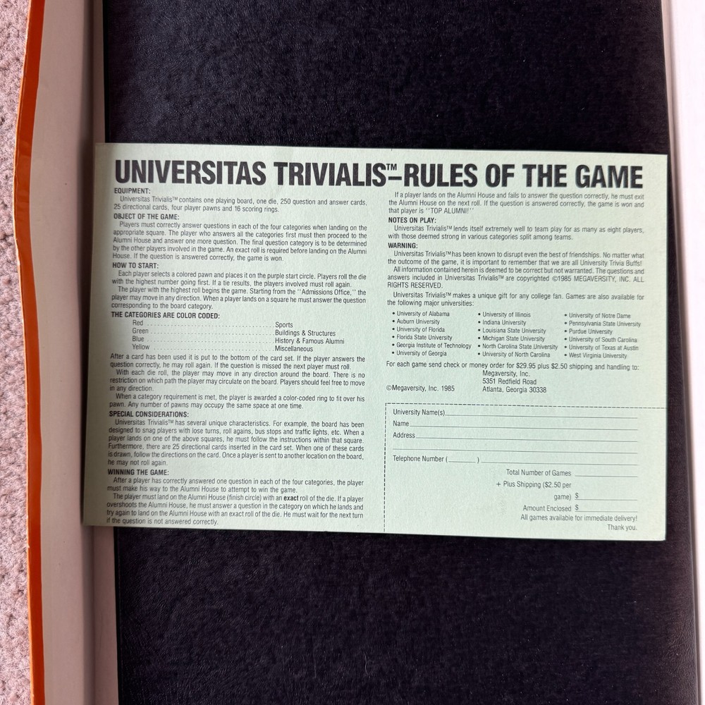 Auburn University WAR EAGLE TRIVIA BOARD GAME 1985 - Extremely Rare Complete Set