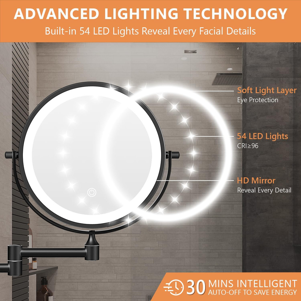 Rechargeable 8" Double-Sided Lighted Makeup Mirror with 360° Rotation, Black