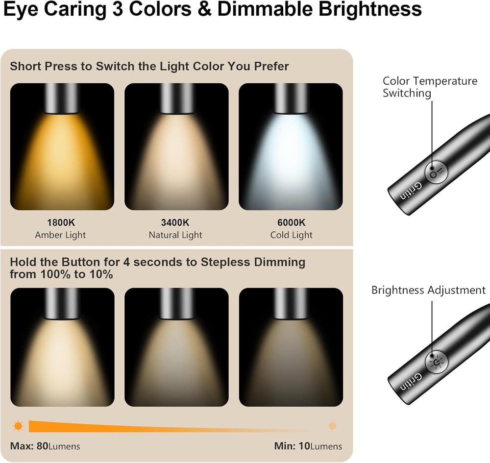 LED Neck Reading Light,Book Light for Reading in Bed-Eye Caring 3 Colors, Dimmab
