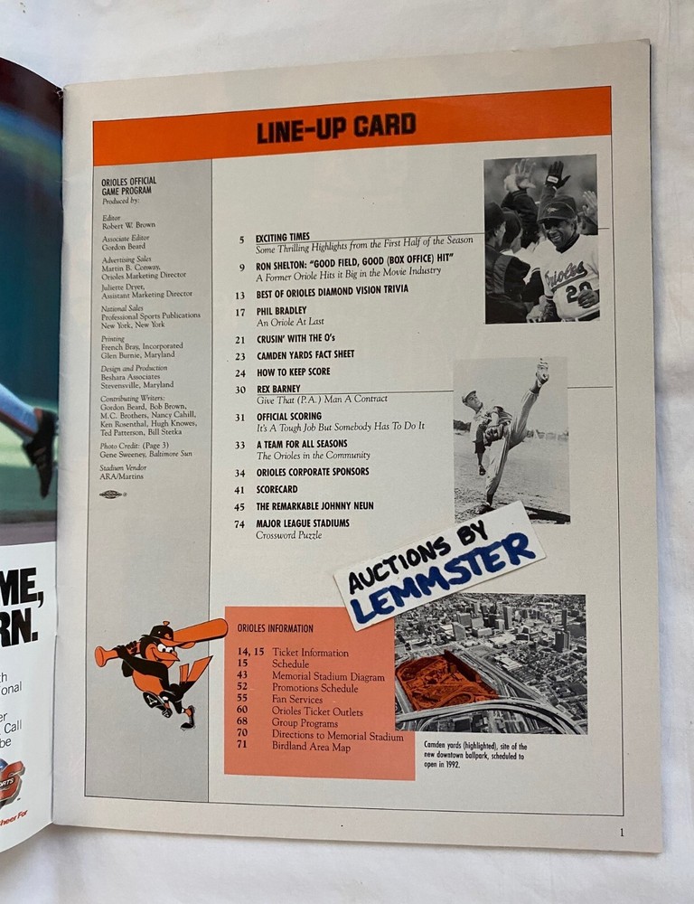 1989 Baltimore Orioles MLB Official Game Program Ron Shelton Phil Bradley