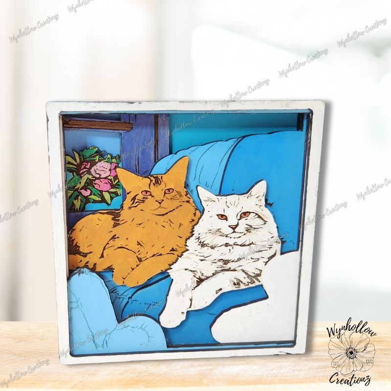 Cats Relaxing At Home Wood Layer