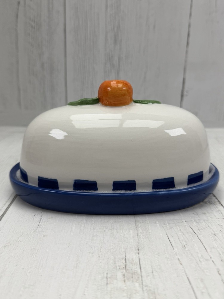 Arlington Designs Ceramic Butter Dish Blue Stripe Base Orange Knob Lid