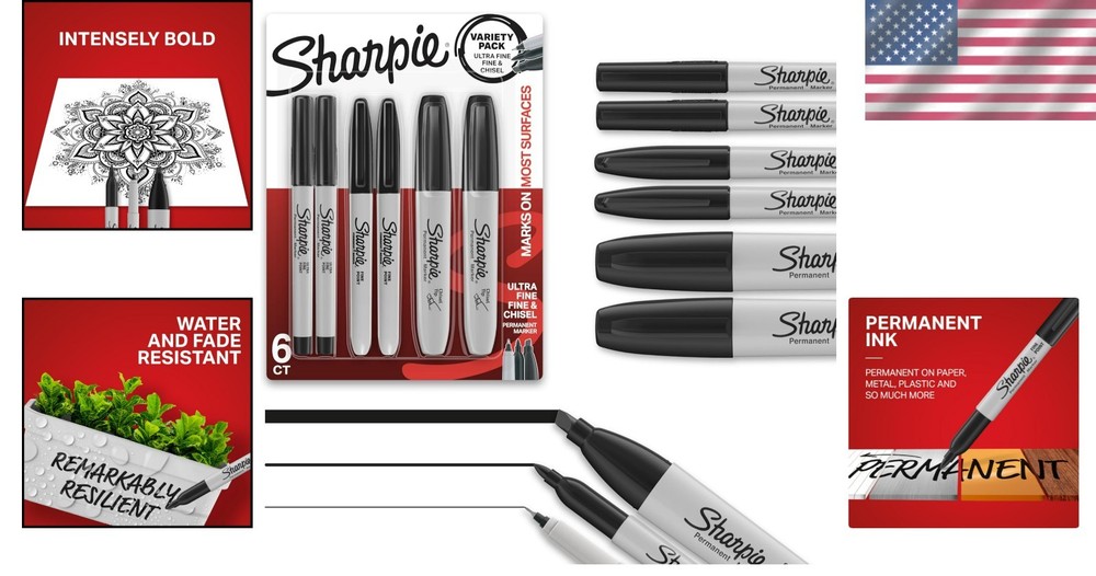 Permanent Marker Variety Pack: Fine, Ultra-Fine & Chisel Tips - 6 Count