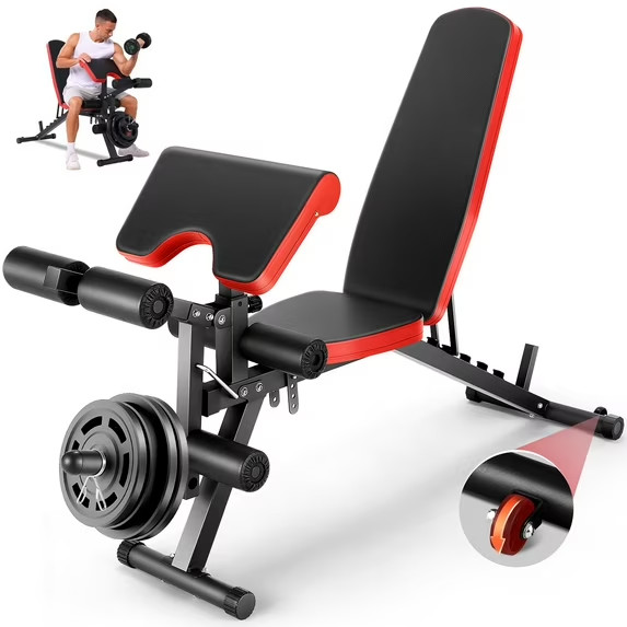 Weight Bench Adjustable Foldable Strength Training Full Body Workout with Wheels