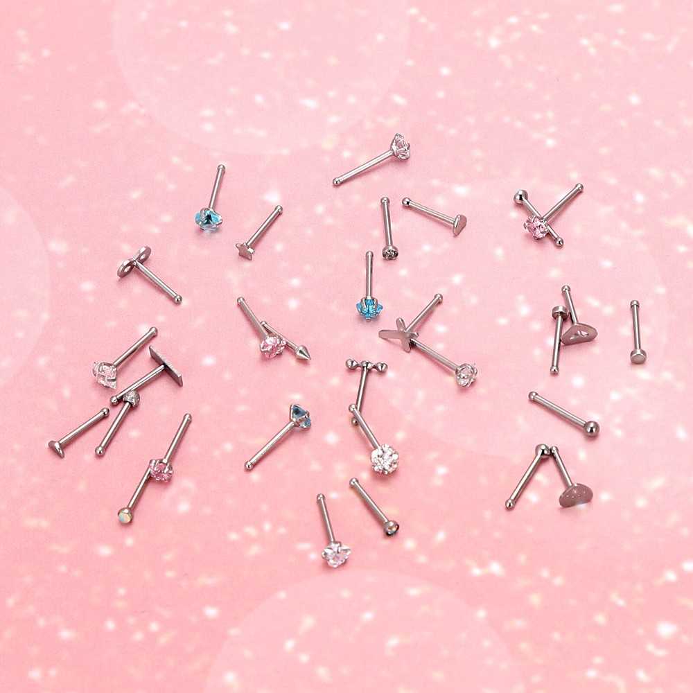 30PCS Nose Stud Ring Surgical Steel Straight Opal CZ Gem Tiny Bone Studs 20G US